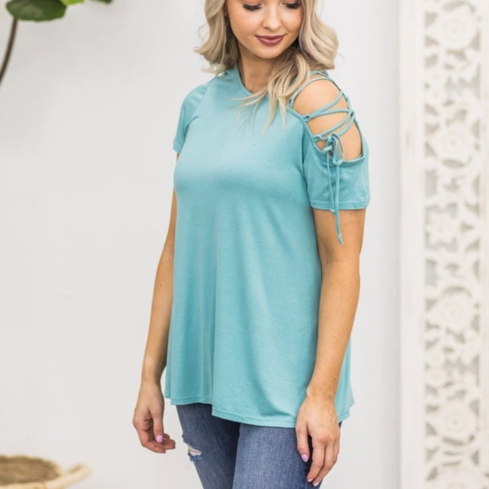 Short sleeve teal blue top with tie detail on shoulder